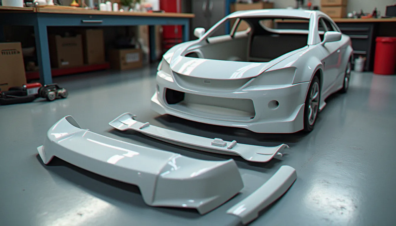 Pièces brutes d'un kit de carrosserie posées dans un atelier avant la préparation