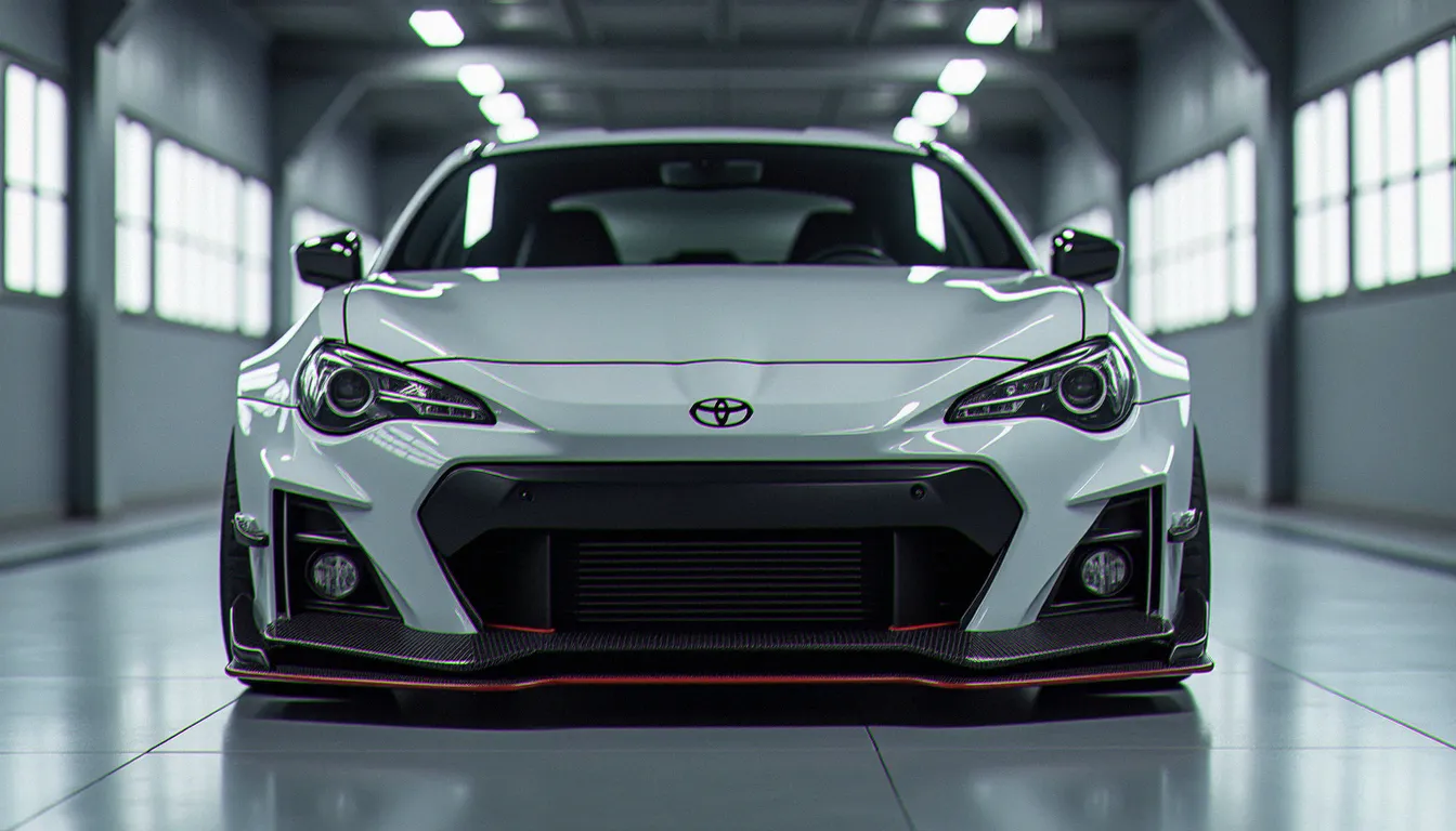 Voiture compacte sportive équipée d'un kit de carrosserie complet dans un garage éclairé