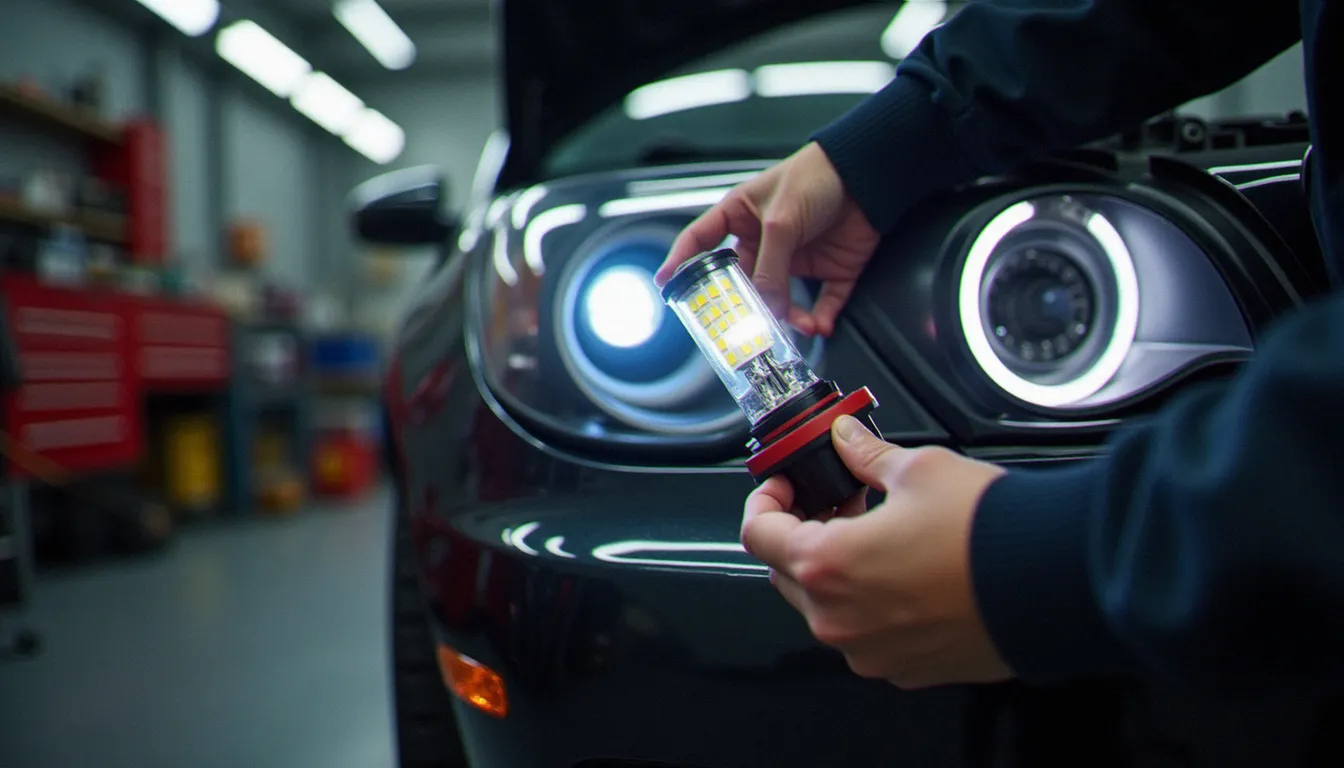 Installation d'ampoule LED dans le phare d'une voiture