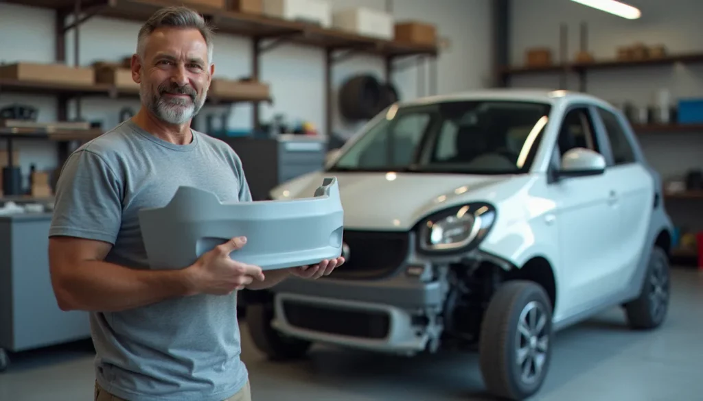 n7 auto pieces featured Passionné tenant un pare-chocs neuf en apprêt dans un atelier, illustrant la recherche de pièces carrosserie type n7 auto pieces
