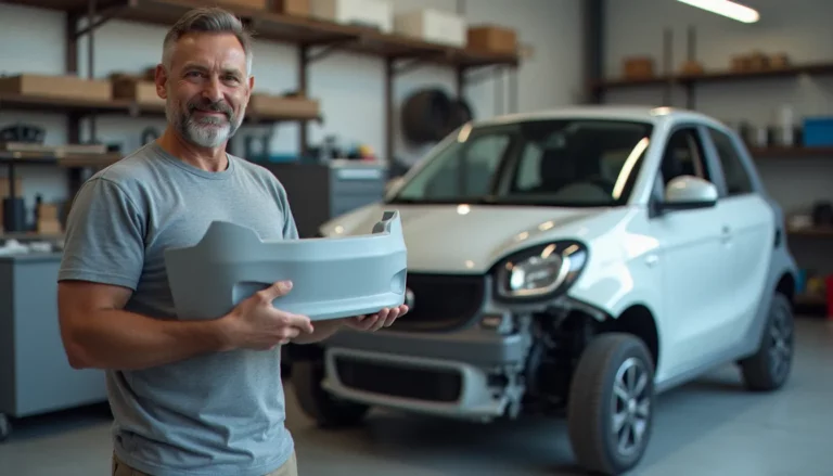 Passionné tenant un pare-chocs neuf en apprêt dans un atelier, illustrant la recherche de pièces carrosserie type n7 auto pieces