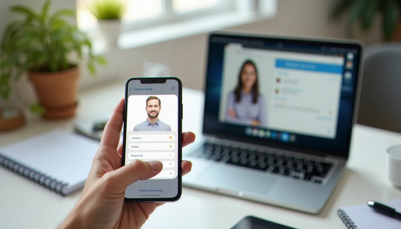 Mains préparant un échange avec le service client en ligne avec smartphone, ordinateur et carnet de notes sur un bureau