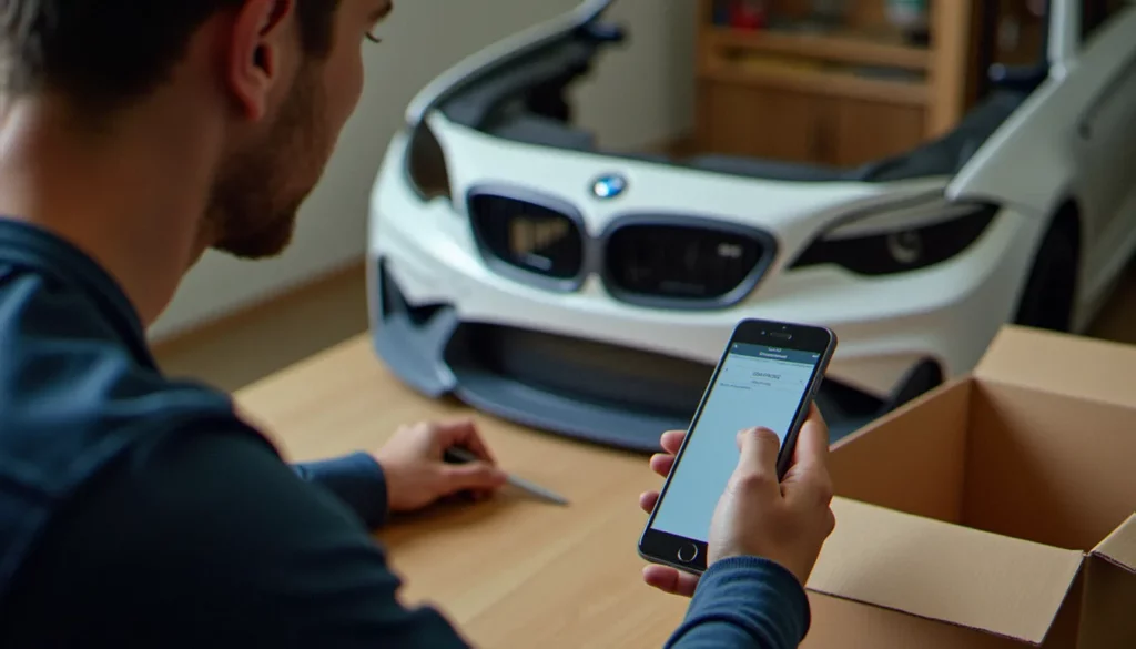 Un passionné consulte sa commande sur smartphone à côté d'un pare-chocs neuf apprêté dans son garage, illustrant la recherche d'un numero autodoc