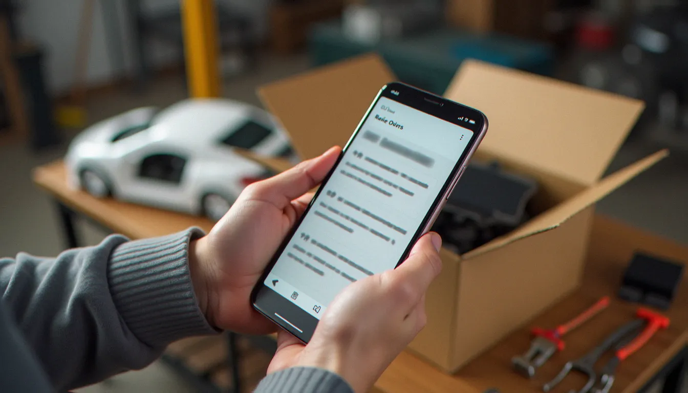 Mains tenant un smartphone avec une page d'avis clients à côté d'un colis contenant une pièce de carrosserie neuve
