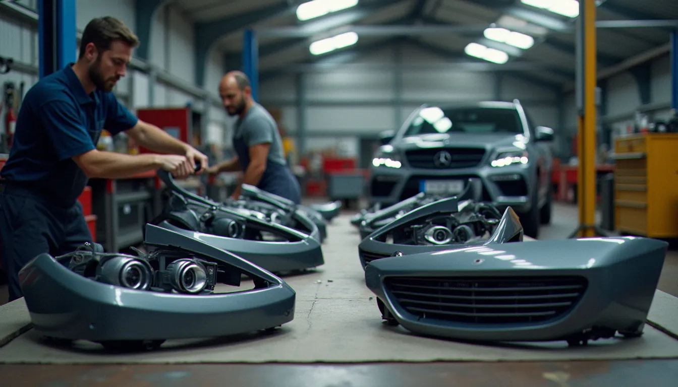 Mécanicien comparant des pièces auto de carrosserie neuves et anciennes sur un établi d'atelier