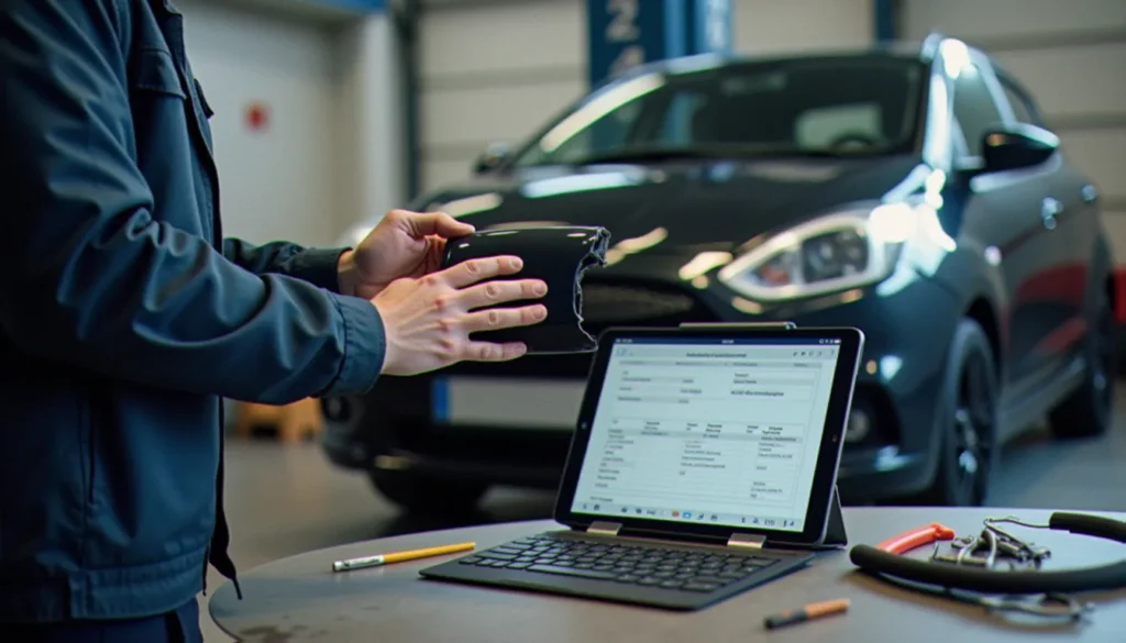sos piece auto featured Pare-chocs fissuré tenu par un préparateur dans un garage, illustrant une recherche SOS pièce auto après un accrochage