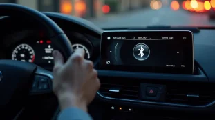 Tableau de bord de voiture moderne avec autoradio double DIN affichant une connexion bluetooth voiture active vers un smartphone