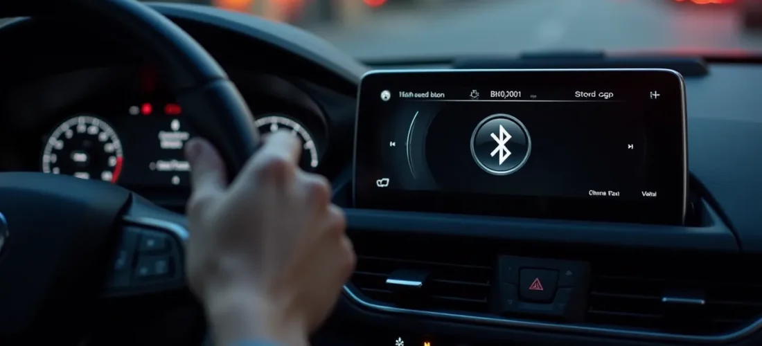 Tableau de bord de voiture moderne avec autoradio double DIN affichant une connexion bluetooth voiture active vers un smartphone