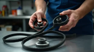 Kit distribution neuf posé sur un établi d'atelier avec courroie de distribution en caoutchouc renforcé, galets tendeur et enrouleur visibles en détail