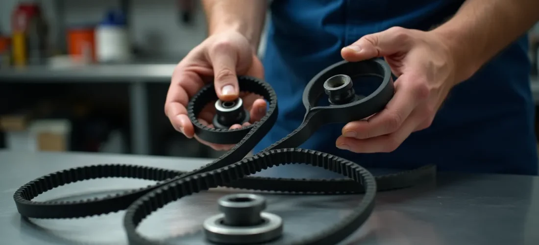 Kit distribution neuf posé sur un établi d'atelier avec courroie de distribution en caoutchouc renforcé, galets tendeur et enrouleur visibles en détail